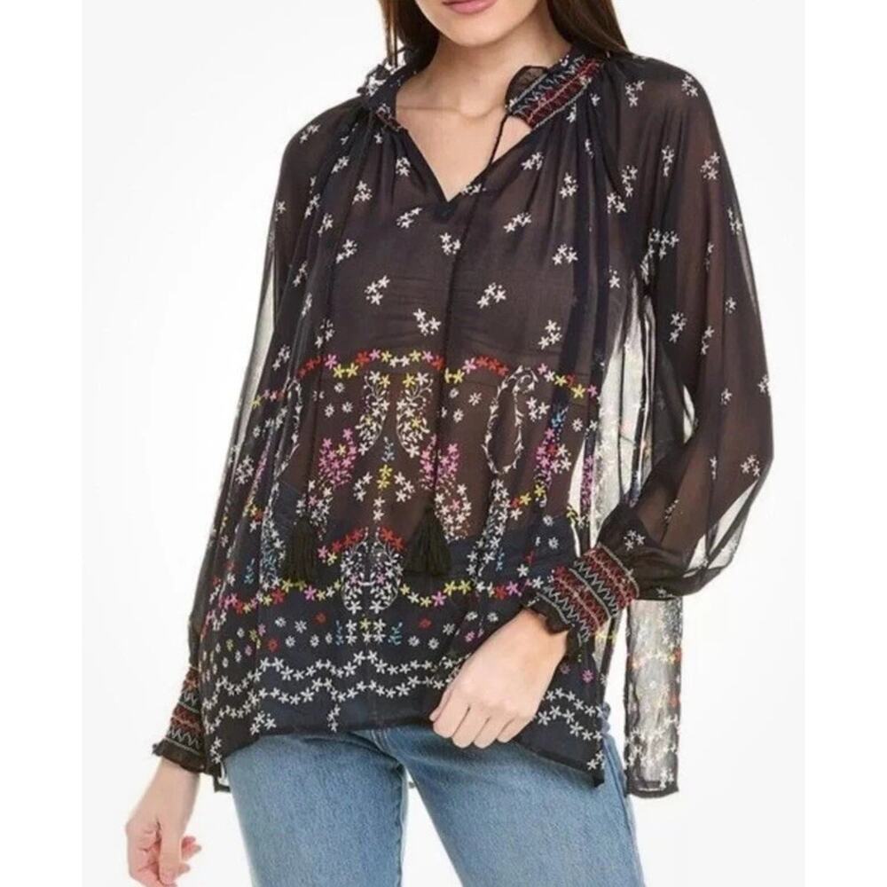 CAbi #5784 Enjoy Blouse Lmt Ed $129 Navy Sheer Floral Tassel LARGE